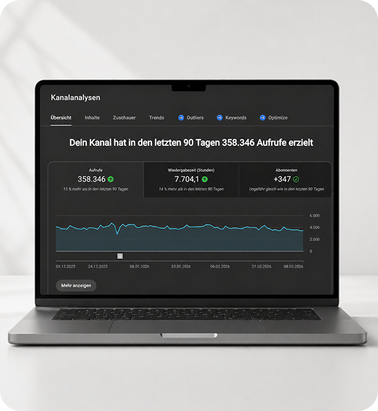 Laptop mit einer YouTube-Kanalanalyse: Aufrufe, Wiedergabezeit und neue Abonnenten der letzten 90 Tage